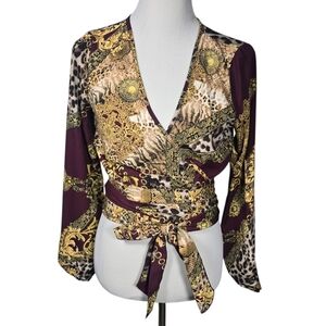 Fashion Nova Small Burgundy and Gold Wrap Tie Blouse